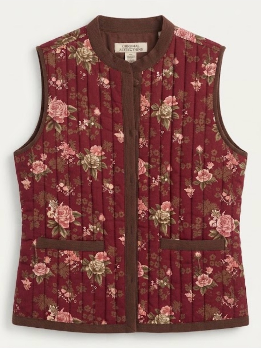 Natural Reflections Floral Quilted Vest Burgundy Cottagecore Medium - EUC